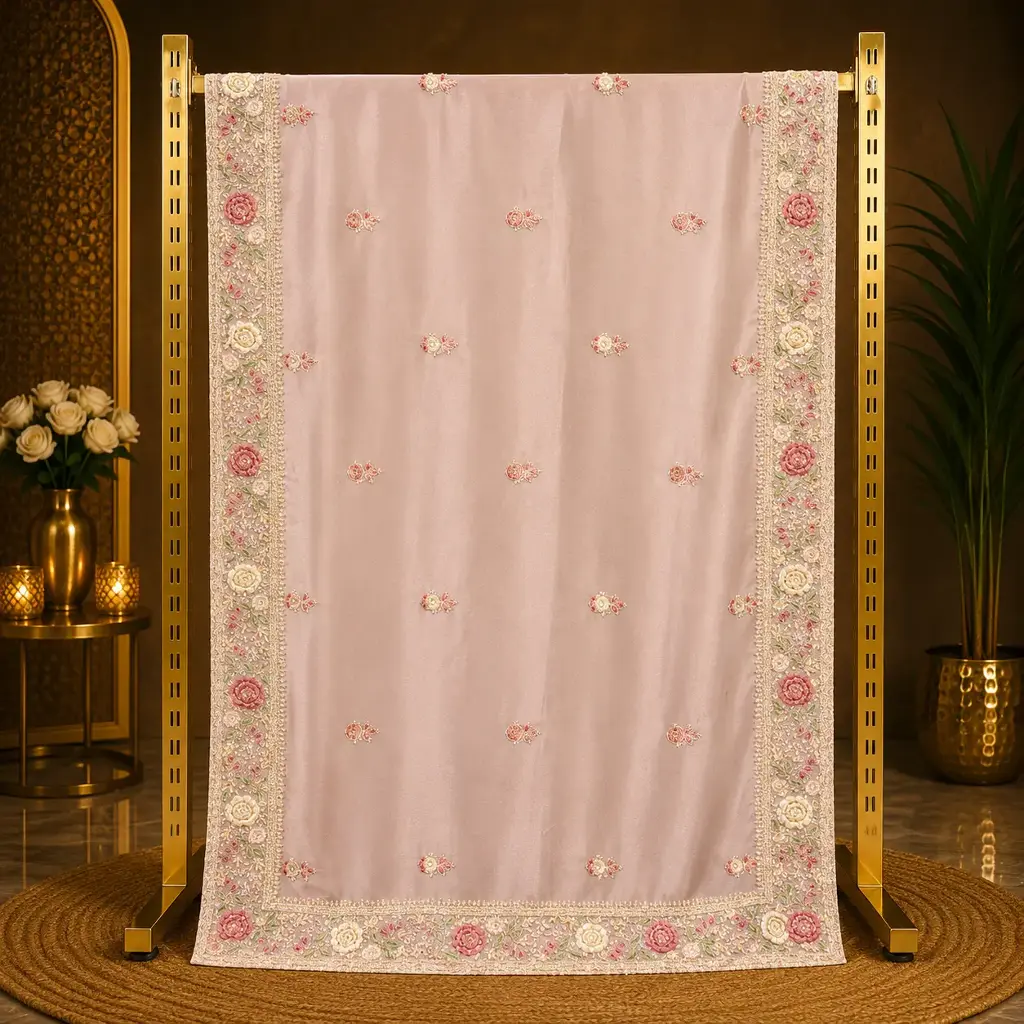 Blush Pink Saree with Floral Embroidered Border and Buti Work