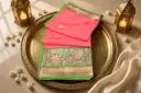 Coral Pink and Green Banarasi Silk Zari Woven Saree