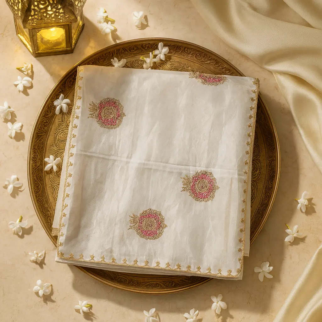 Elegant Off-White Hand-Embroidered Designer Saree with Gold Zari Border 