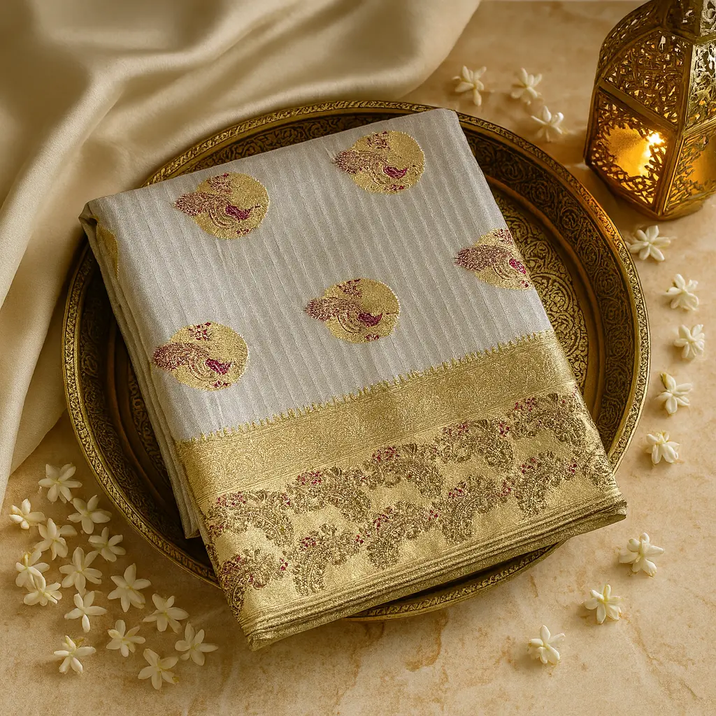 Ivory Textured Silk Saree with Peacock Butis and Zari Border