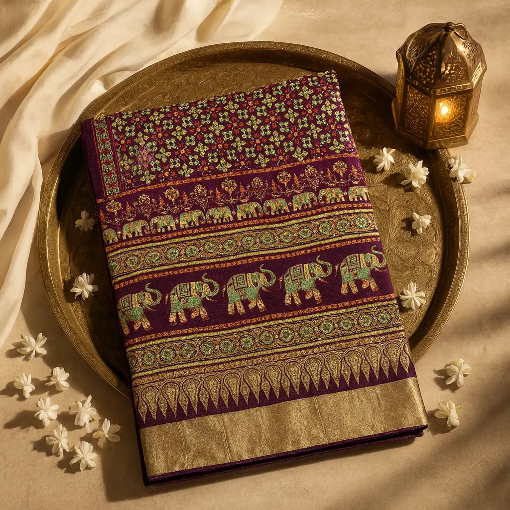 Elegant Maroon Ethnic Saree with Traditional Elephant Motif Design