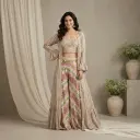 Ivory Printed Crop Top Sharara Set with Long Shrug