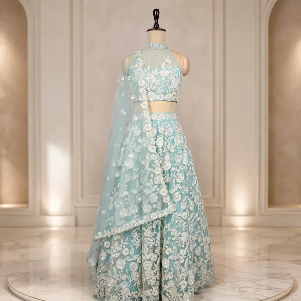 Women's Ice Blue Lehenga Choli with Floral Embroidery and Net Dupatta