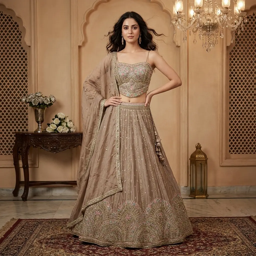 Taupe Silk Embroidered Lehenga Choli with Pastel Threadwork