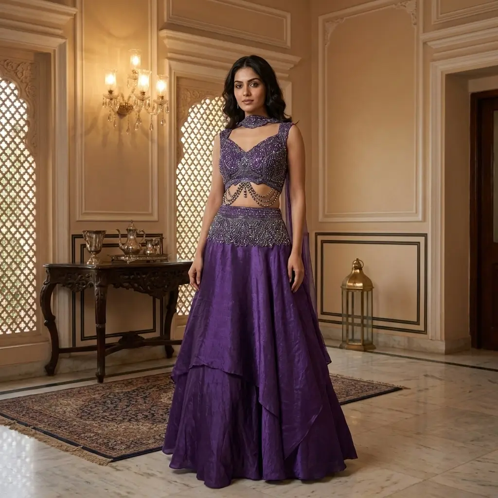 Regal Purple Hand-Embroidered Crop Top Lehenga Set with Cape