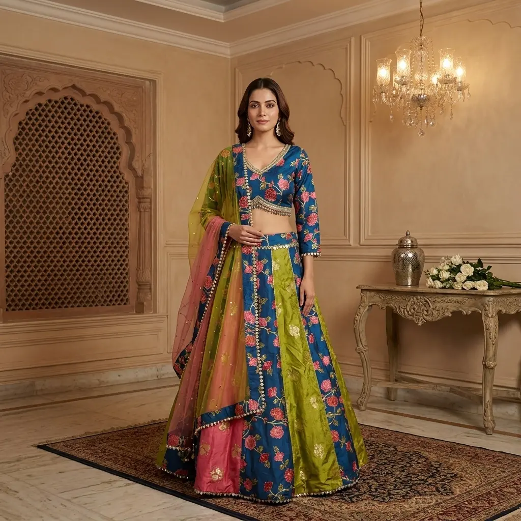 Peacock Blue and Olive Green Jacquard Silk Lehenga Choli Set