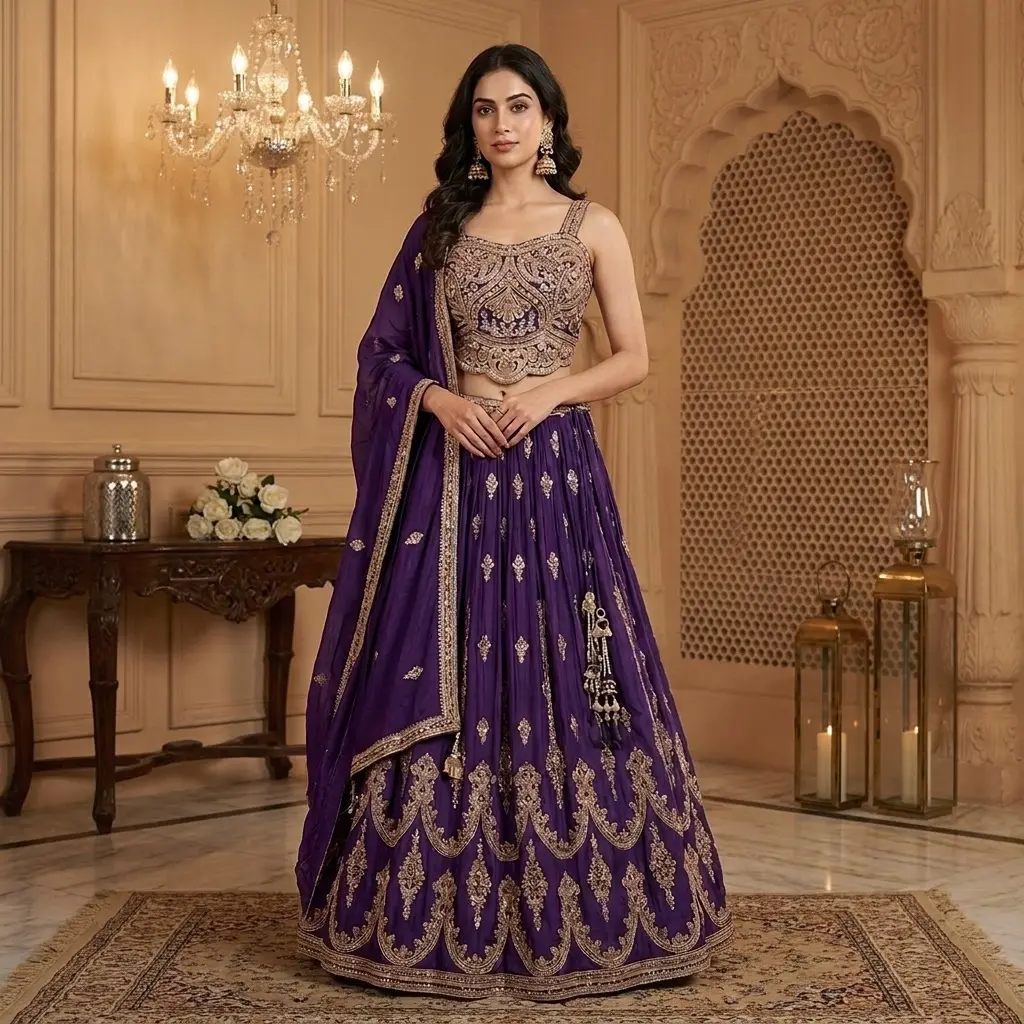 Royal Purple Embroidered Crop Top and Lehenga Set