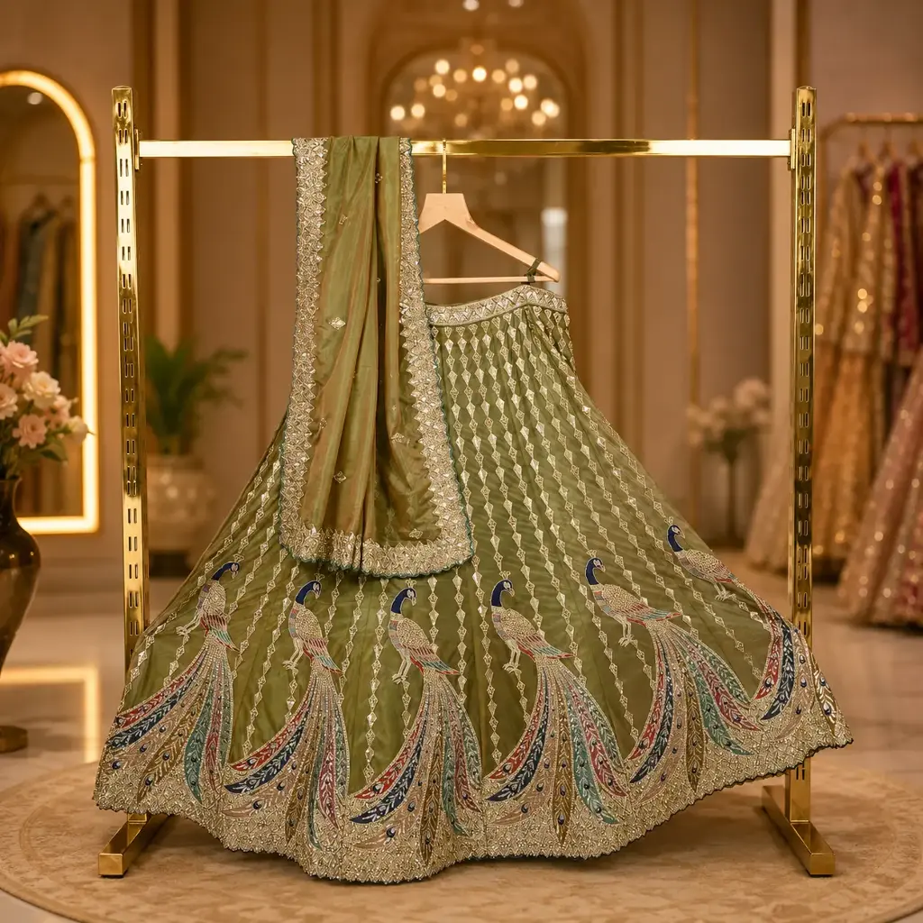 Women's Olive Green Lehenga Choli with Peacock Embroidery and Matching Dupatta