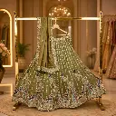 Women's Olive Green Lehenga Choli with Peacock Embroidery and Matching Dupatta