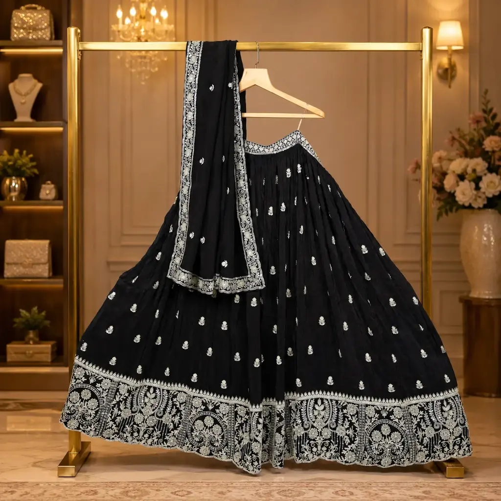 Women's Black Lehenga Choli with Silver Embroidery and Matching Dupatta