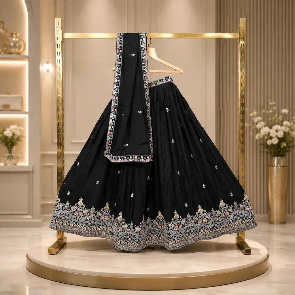 Women's Black Lehenga Choli with Floral Embroidery and Matching Dupatta