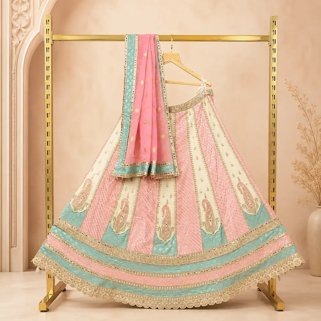 Women's Pink Ivory Lehenga Choli with Aqua Border, Sequin Embroidery & Matching Dupatta