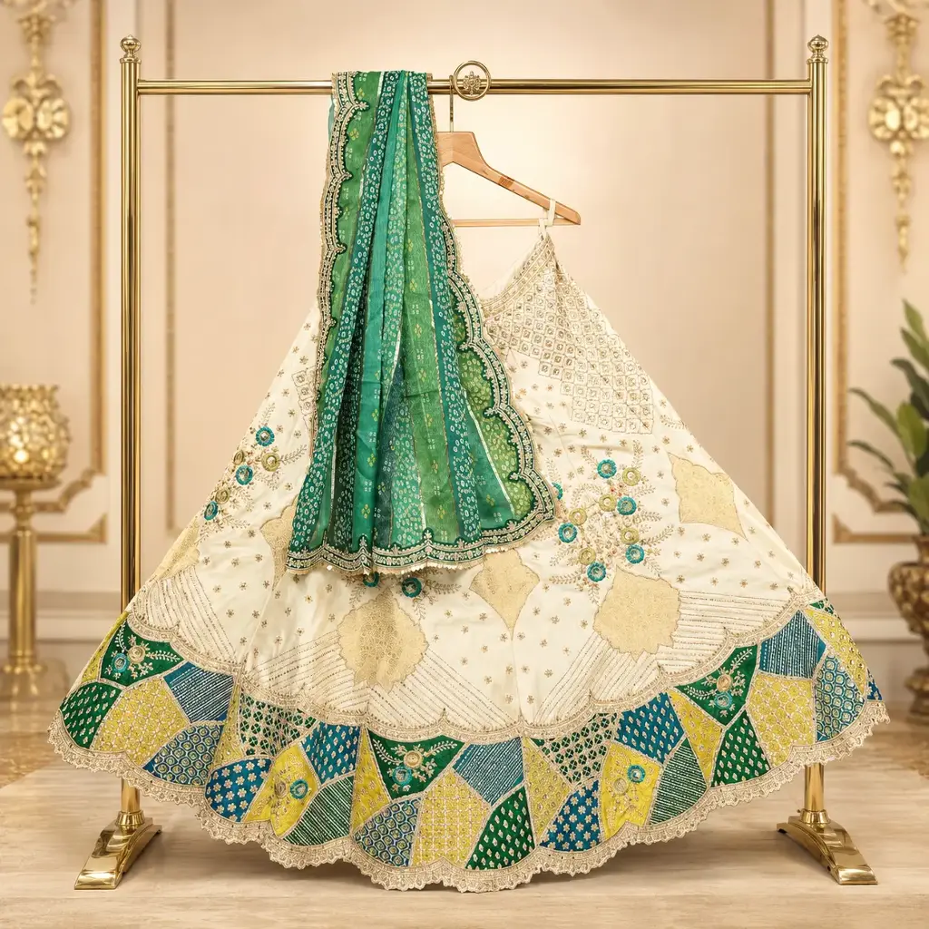 Women's Ivory Lehenga Choli with Green Bandhani Dupatta & Patchwork Border