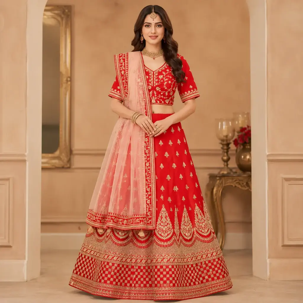 Women's Red Gold Embroidered Lehenga Choli with Blush Net Dupatta