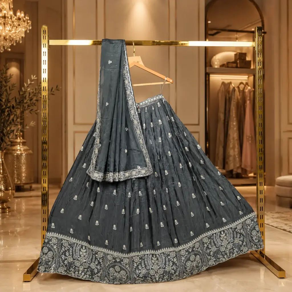Women's Grey Lehenga Choli with Silver Embroidery and Matching Dupatta