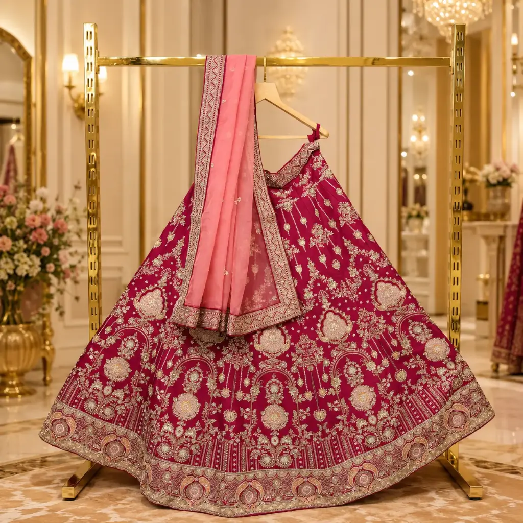 Women's Rani Pink Bridal Lehenga Choli with Gold Embroidery and Peach Dupatta for Wedding Wear Party