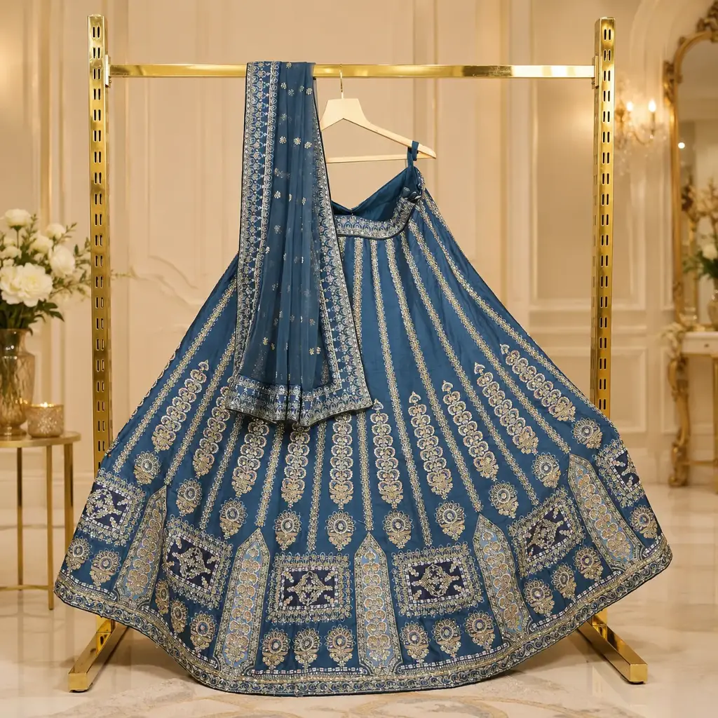 Women's Steel Blue Bridal Lehenga Choli with Gold Embroidery and Matching Dupatta