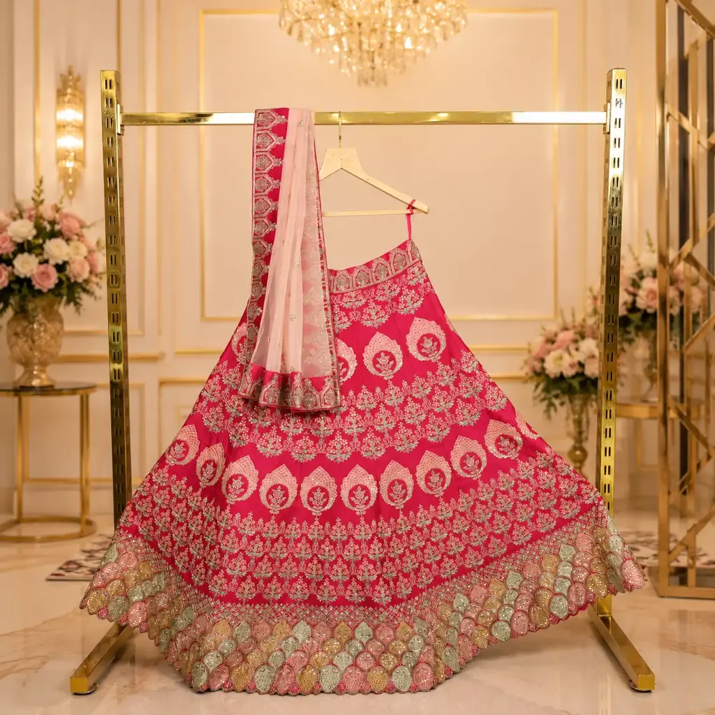 Women's Rani Pink Bridal Lehenga Choli with Gold Embroidery and Peach Net Dupatta