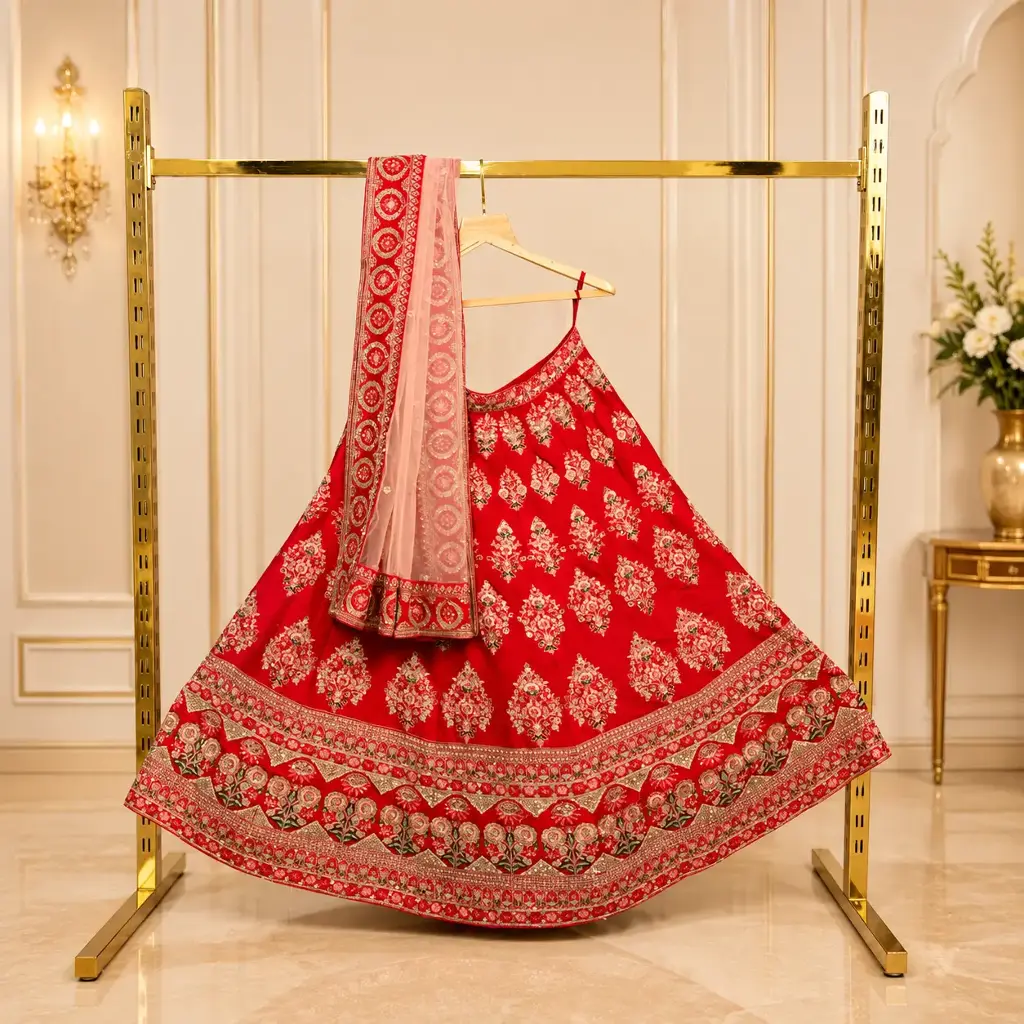 Women's Coral Red Lehenga Choli with Floral Embroidery and Blush Net Dupatta