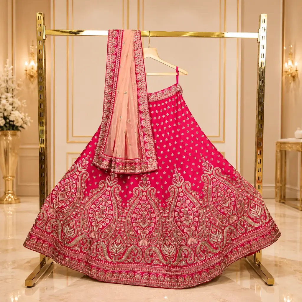 Women's Rani Pink Bridal Lehenga Choli with Paisley Embroidery & Blush Net Dupatta