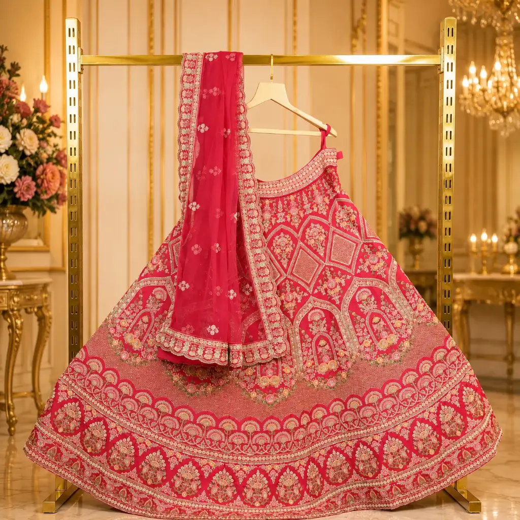 Women's Rani Pink Bridal Lehenga Choli with Heavy Floral Embroidery, Sequins and Embroidered Dupatta