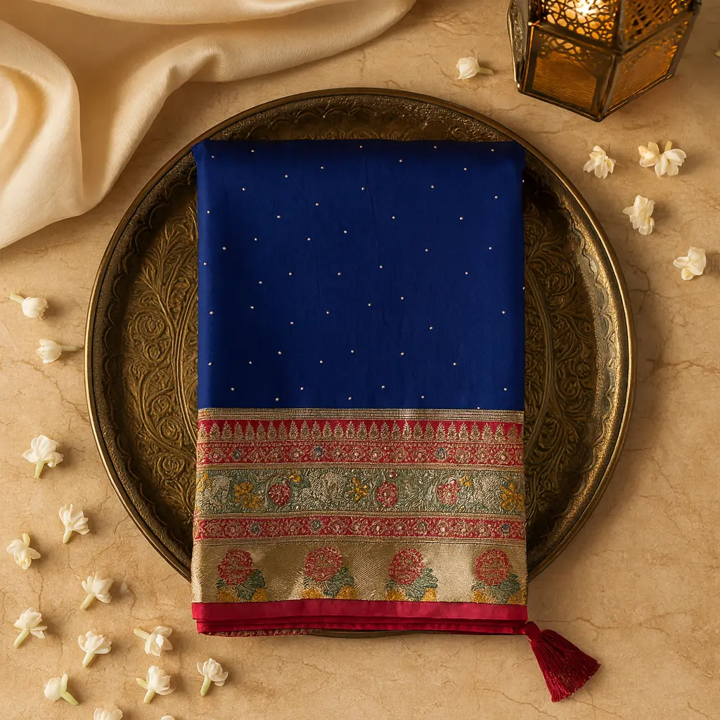 Royal Blue Traditional Silk Saree with Rich Floral Zari Border