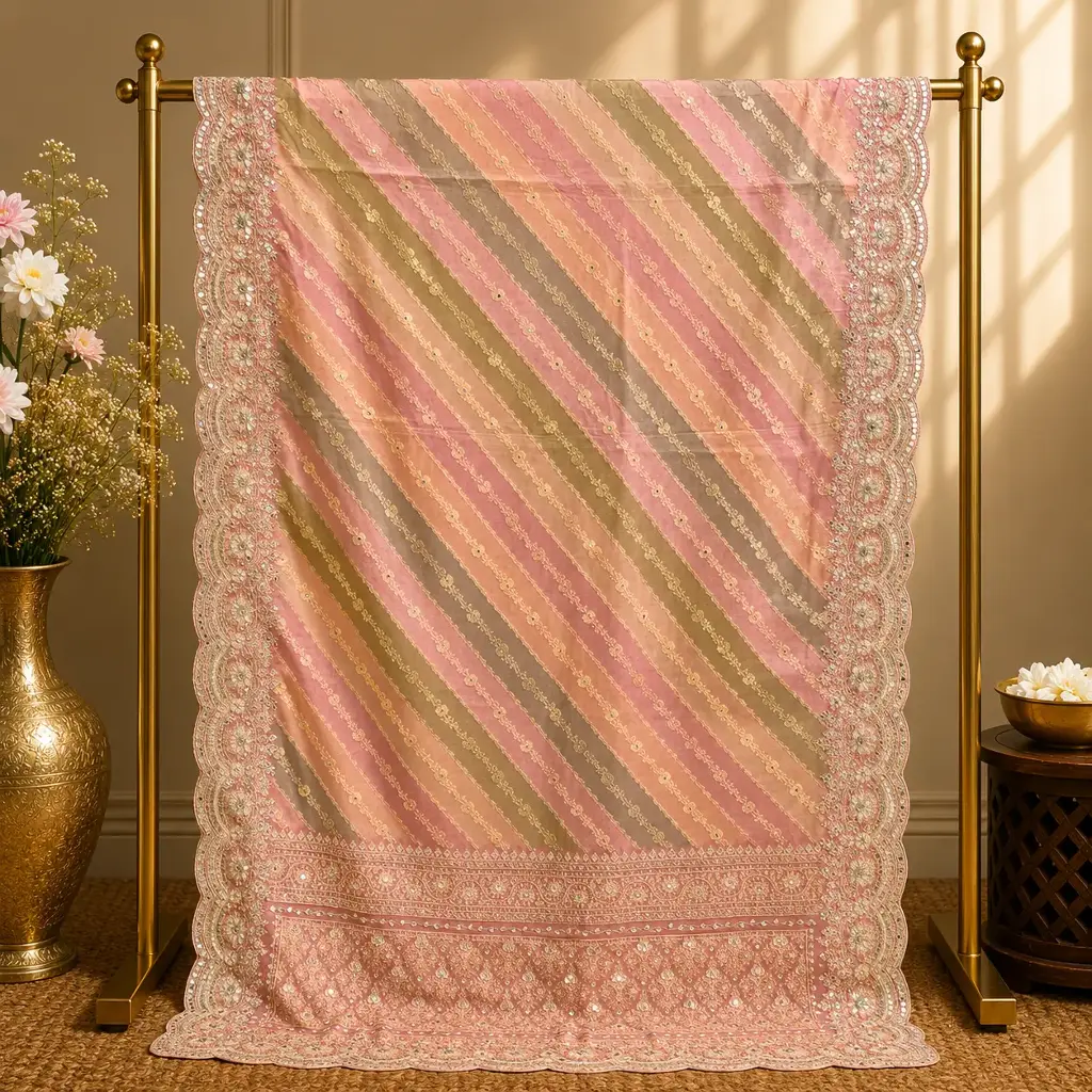 Blush Pink Embellished Saree with Diagonal Stripe Design and Ornate Border