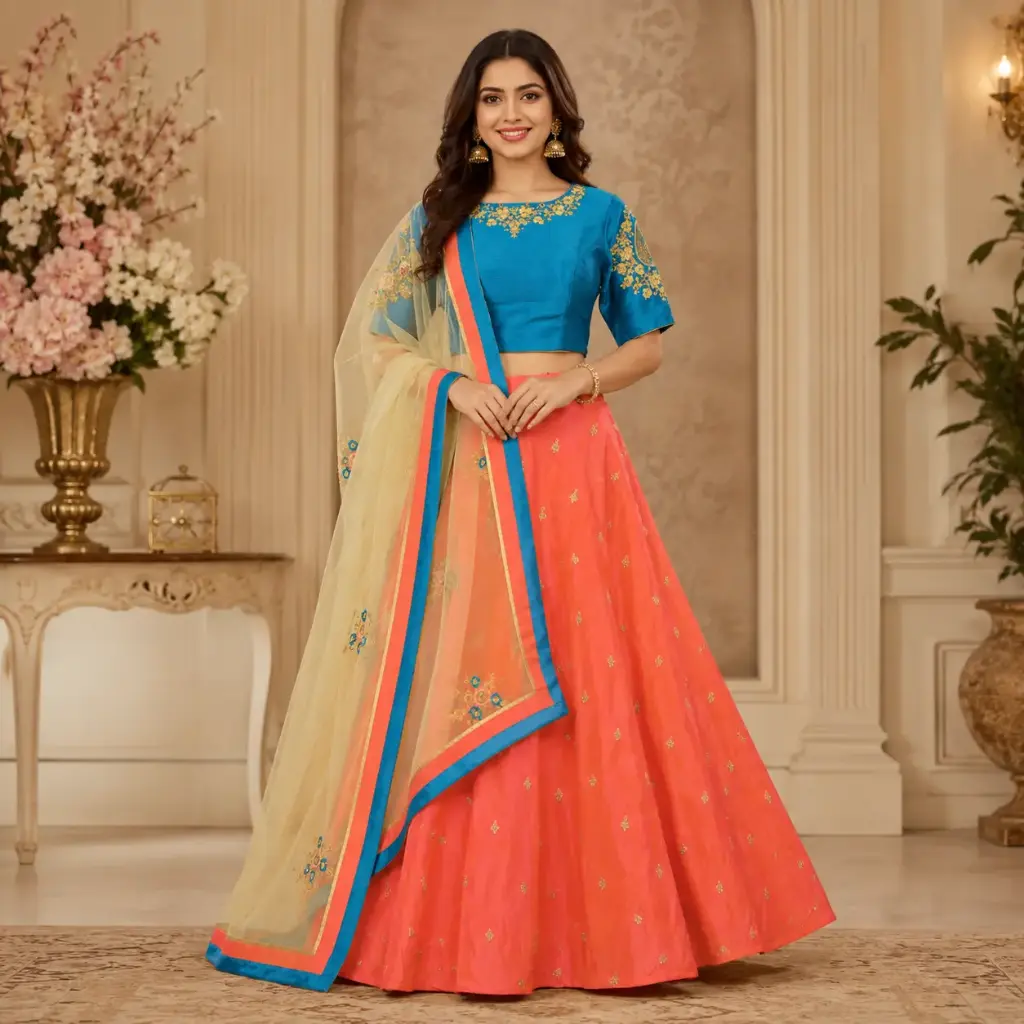 Women's Coral Orange Lehenga Choli with Turquoise Blouse & Net Dupatta for Wedding Festive Wear Set