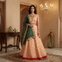 Peach Art Silk Embroidered Lehenga Choli with Green Dupatta