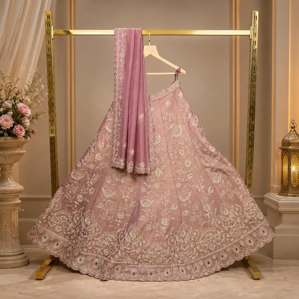Women's Dusty Mauve Lehenga Choli with Silver Floral Embroidery & Matching Dupatta
