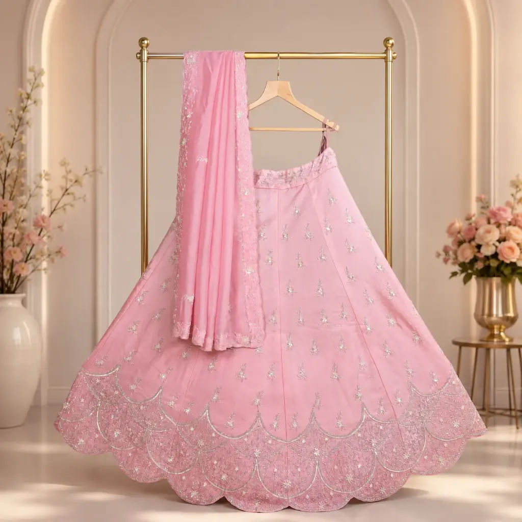 Women's Blush Pink Lehenga Choli with Silver Floral Embroidery and Matching Dupatta Wedding Wear Set