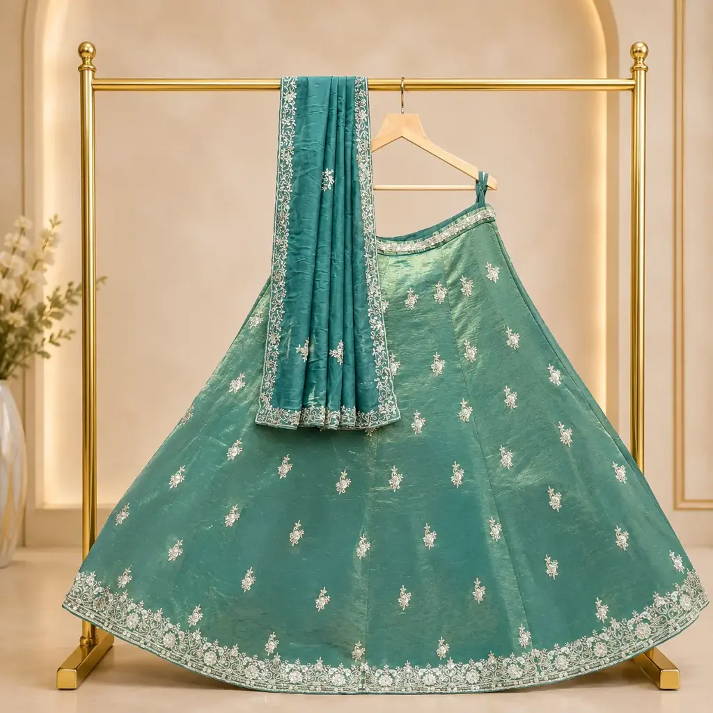 Women's Teal Green Lehenga Choli with Silver Floral Embroidery and Matching Dupatta