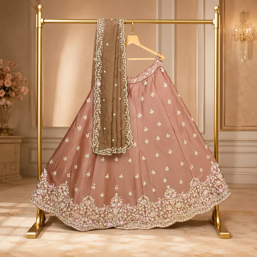 Women's Dusty Rose Lehenga Choli with Ivory Floral Embroidery and Matching Dupatta