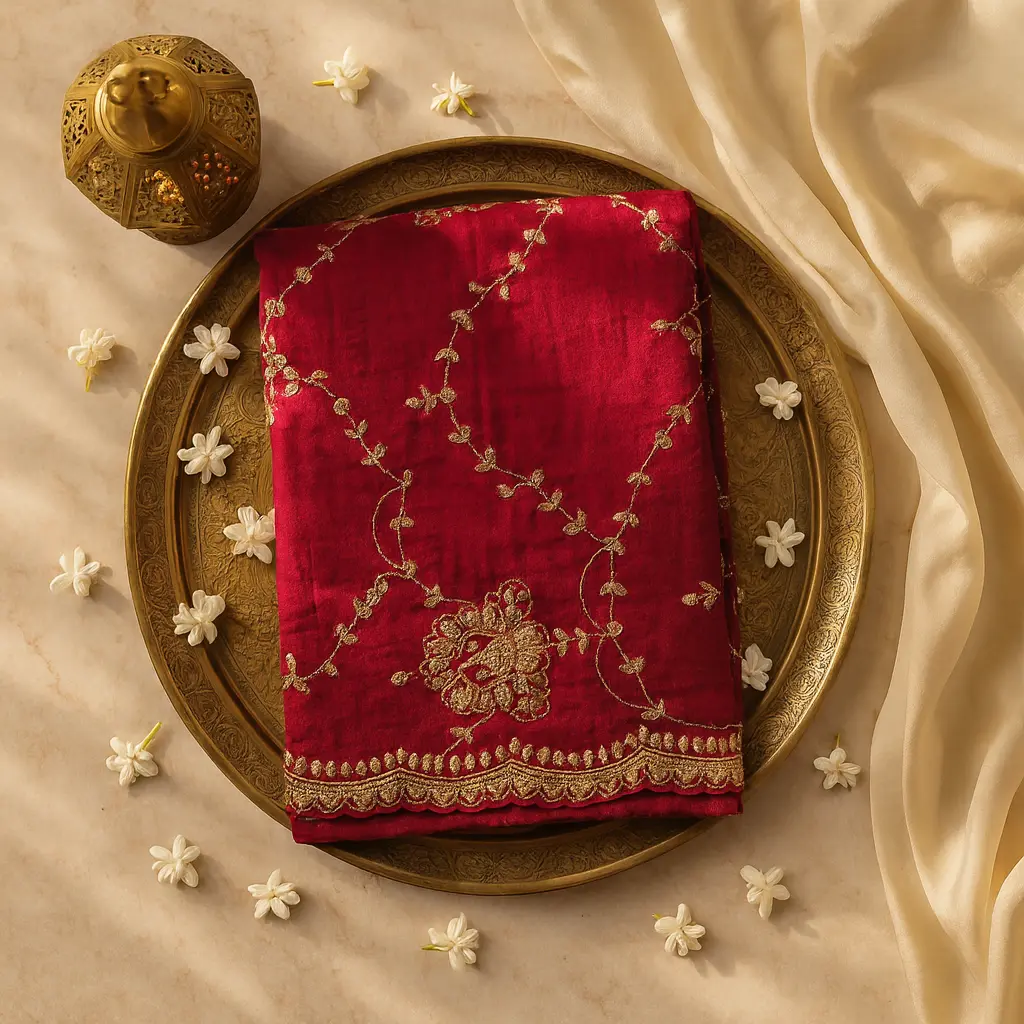Exquisite Crimson Red Designer Saree with Intricate Zari Embroidery