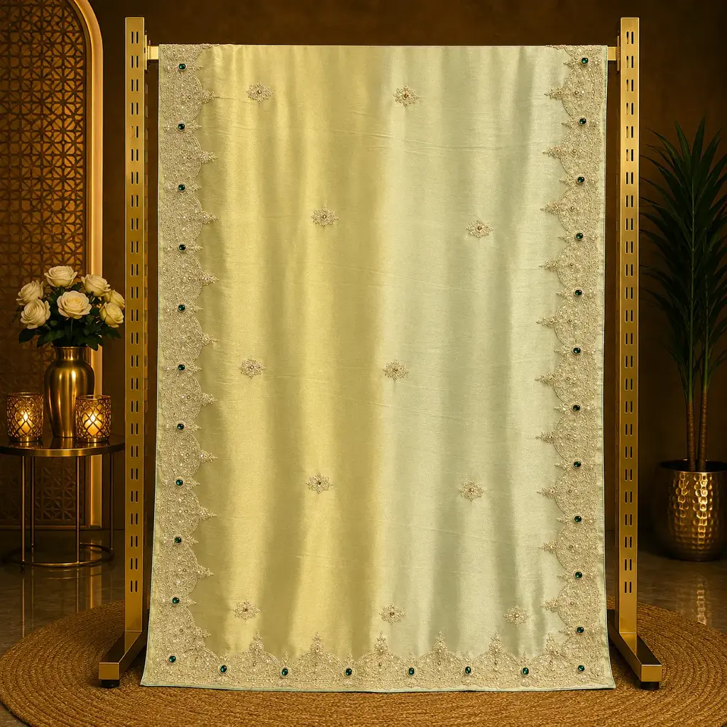 Women's Bridal Pale Green Designer Saree with Sequin Embroidery, Emerald Stones and Scalloped Border