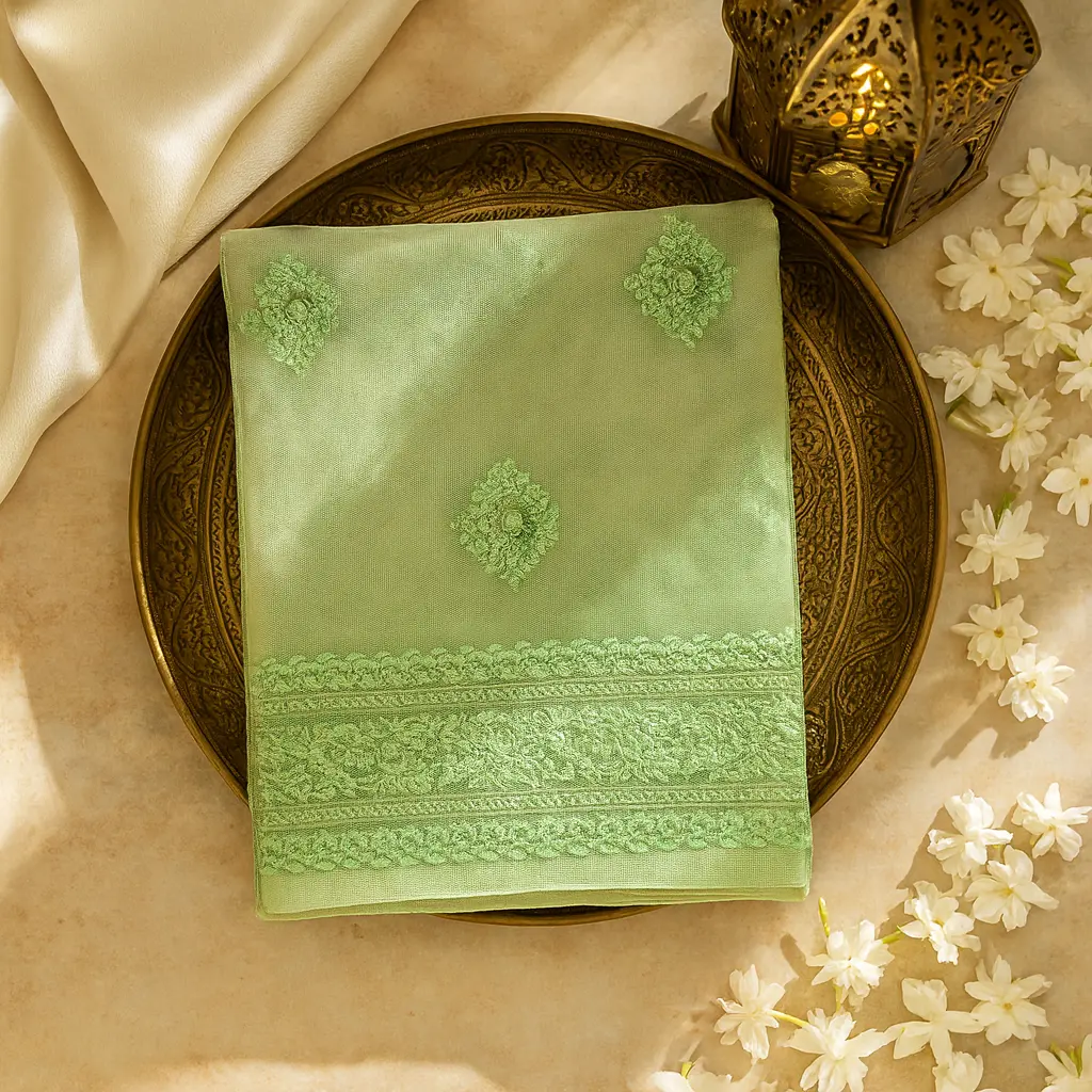 Elegant Lime Green Net Saree with Intricate Sequin Embroidery