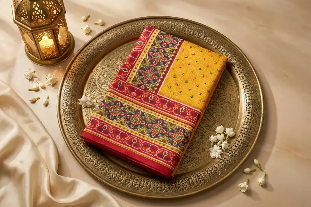 Mustard Yellow Patola Print Silk Saree with Zari Pallu