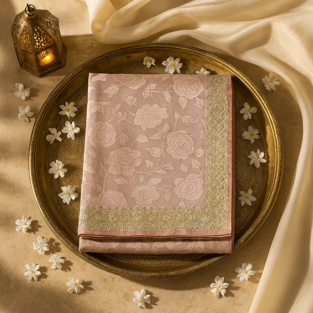 Elegant Dusty Rose Floral Embroidered Saree with Zari Border 