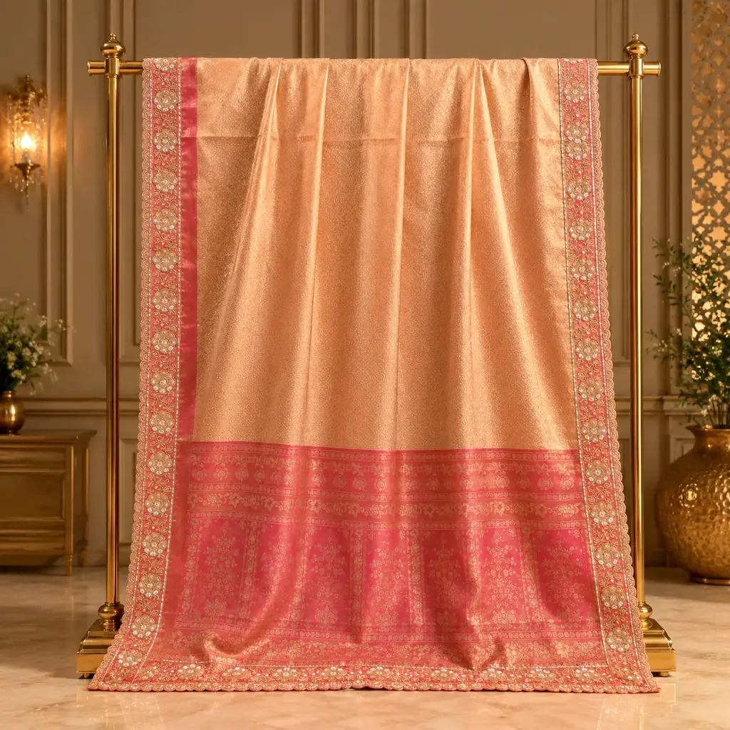 Peach Pink Dual Tone Saree with Woven Texture and Rich Floral Border for Festive Wedding Wear