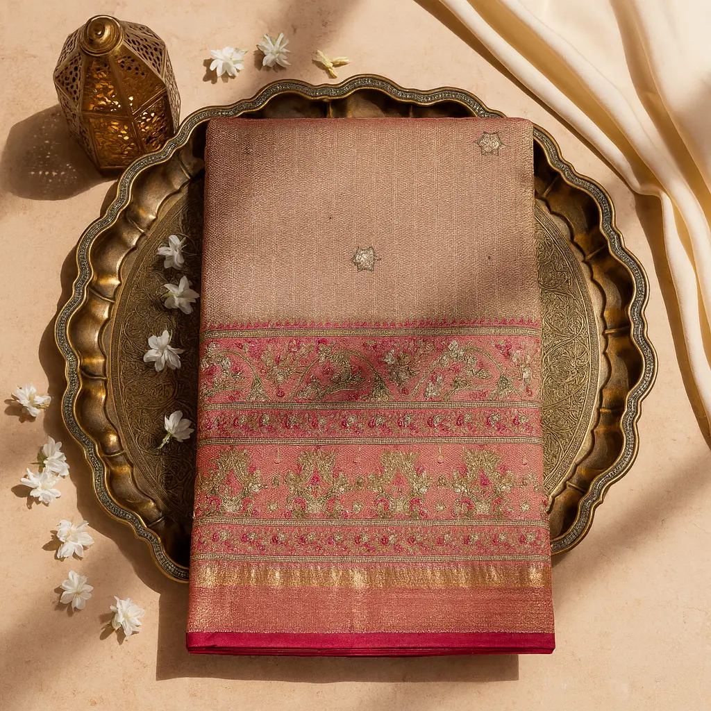 Exquisite Pink Gold Woven Designer Saree with Mirror Work