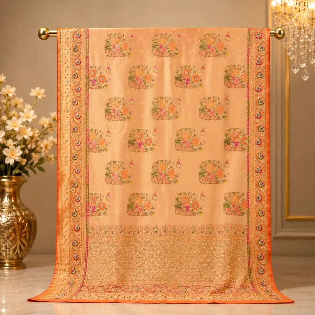 Peach Floral Embroidered Saree with Heavy Border Design for Festive Party and Wedding Wear