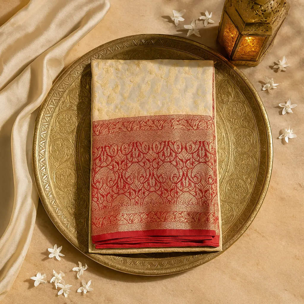 Elegant Off-White and Red Silk Designer Saree with Zari
