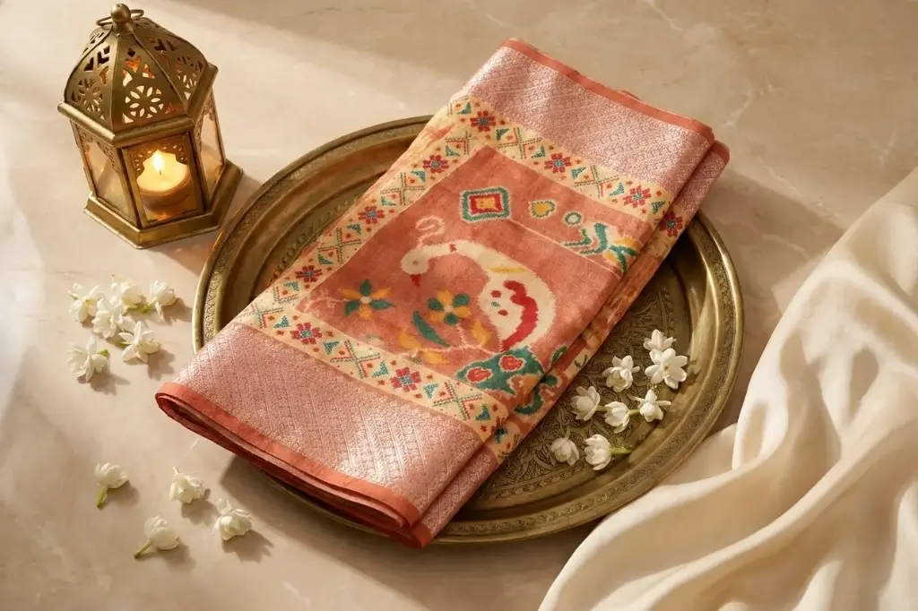 Rust Orange Patola Inspired Silk Saree with Zari Border