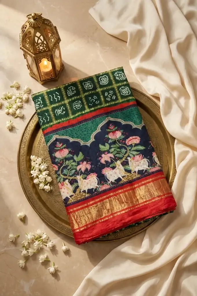 Bottle Green Bandhani Zari Woven Designer Silk Saree