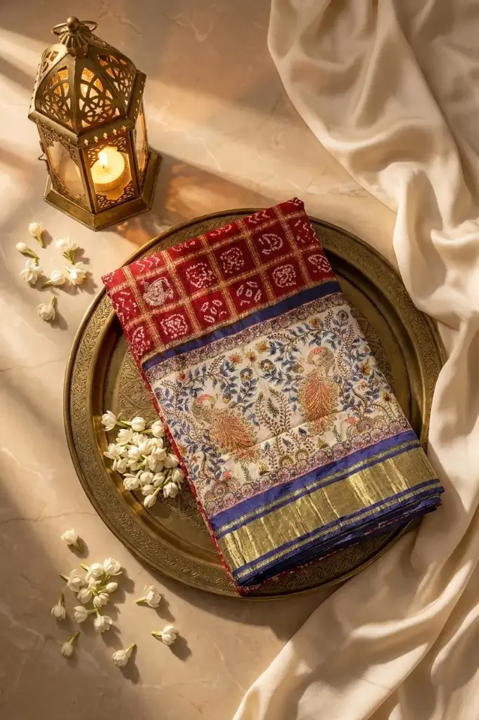 Crimson Red Silk Bandhani Saree with Kalamkari Peacock Pallu