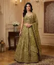 Olive Green Embroidered Raw Silk Bridal Lehenga Choli Set