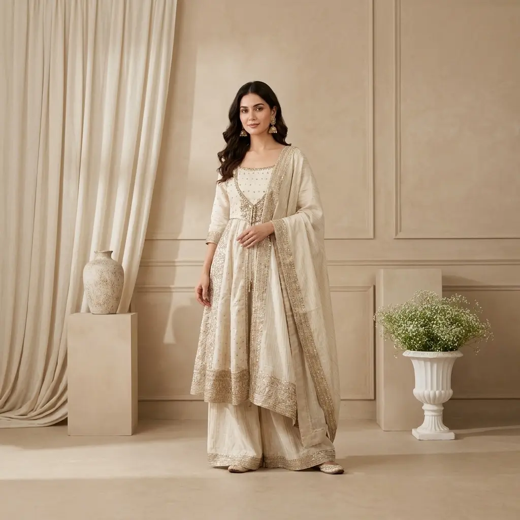 Ivory Self-Textured Silk Anarkali Suit Set with Sequin Embroidery