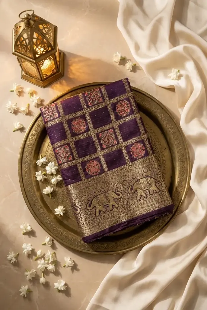 Deep Wine Silk Bandhani Saree with Zari Elephant Border