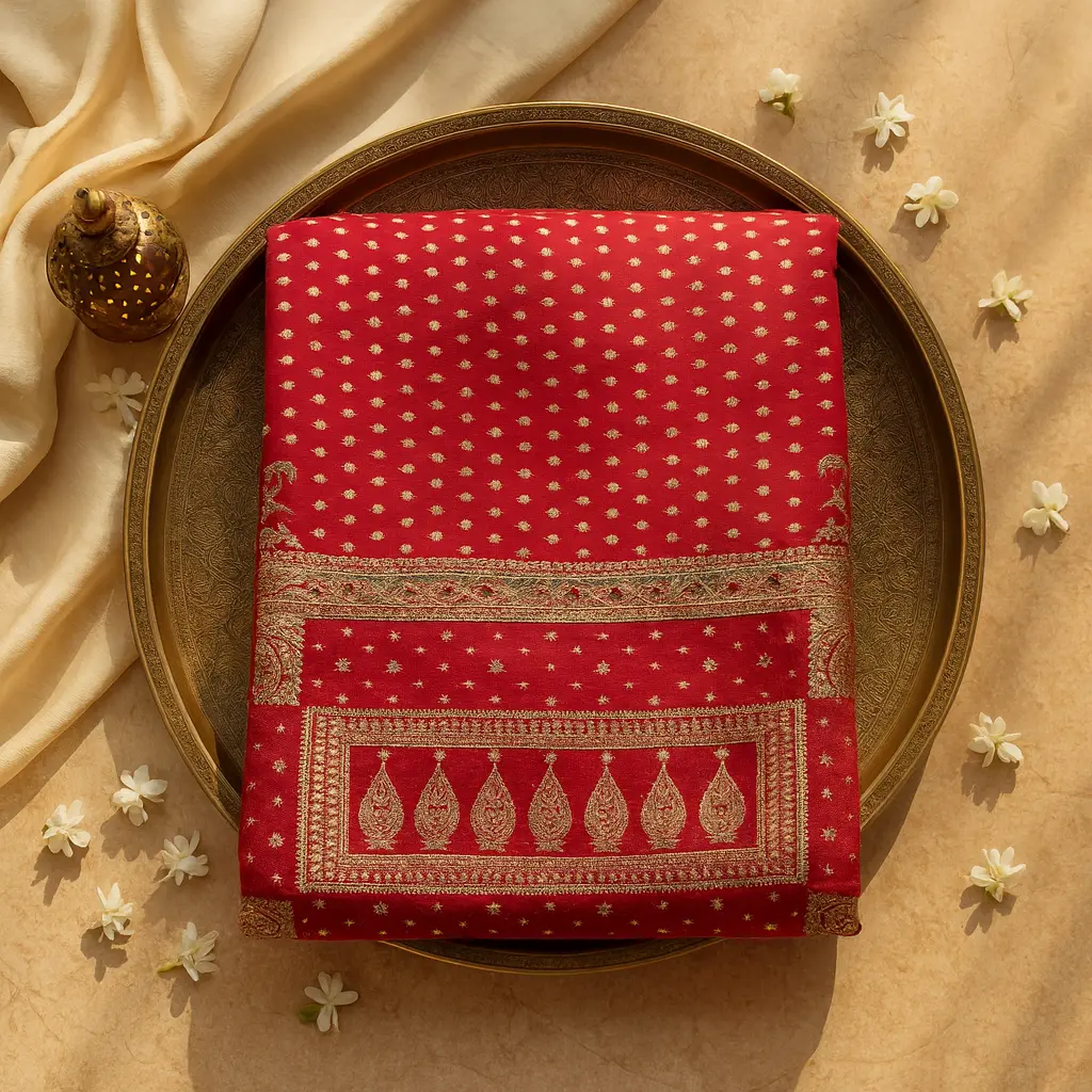 Elegant Red Designer Saree with Traditional Gold Zari Embroidery 