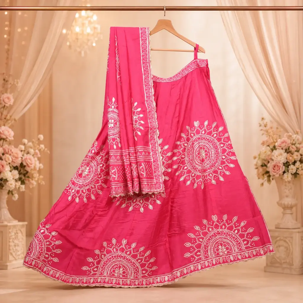 Women's Rani Pink Lehenga Choli with Mirror Embroidery and Matching Dupatta
